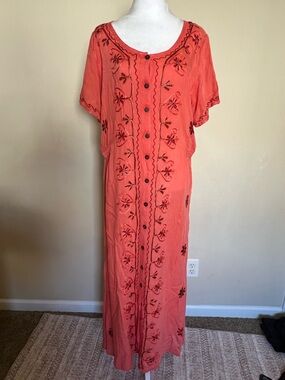 S.R. Fashion Coral Embroidered Button-Front Maxi Dress NWT